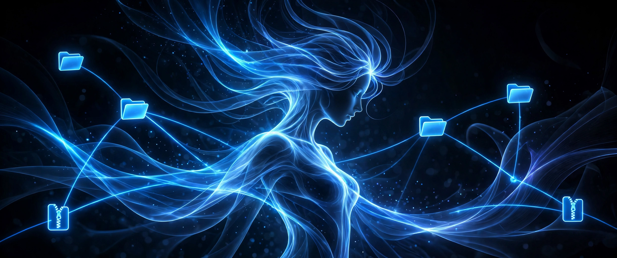Muse, a luminous figure of flowing light